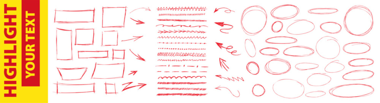 Red pen strokes round circle underline shapes with hand drawn doodle arrow elements. Vector kit highlight text scribble. Encircle strike through note sections with rough hand drawn texture.