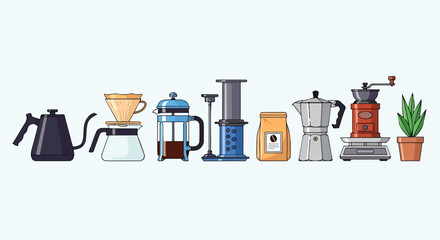A colorful illustration with coffee making equipment © Imah