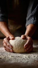 Fototapeta premium Close-up photo of hands shaping bread dough on a floured surface in warm morning light