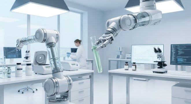 Robotics Revolution: Futuristic laboratory equipped with robotic arms, modern equipment, and a dedicated scientist conducting innovative research.