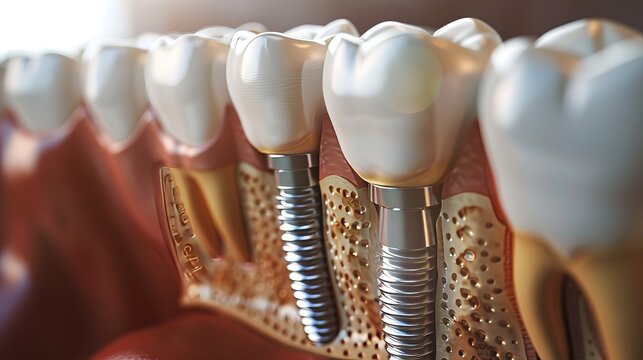 Detailed 3d illustration of the dental implantation process with tooth and screw design elements