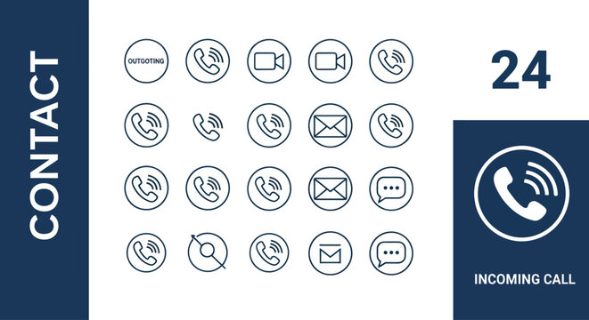 Contact Icons Set: Phone, Video Call, Email, Chat and 24 Hour Service