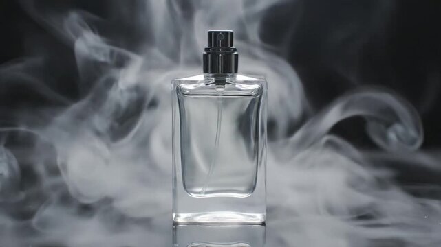 Elegant glass perfume bottle surrounded by swirling smoke on a dark background