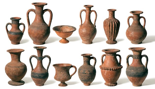 Terracotta ancient pottery vessels isolated with shadow on white background. AI GENERATED.