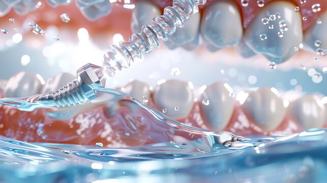 3d illustration showing detailed dental implantation process with tooth and screw design elements