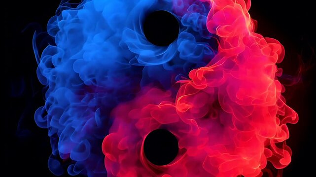 Yin Yang, Chinese philosophy, harmony, balance, Taoism. A vivid digital artwork depicts a swirling vortex of blue and red smoke against a black background. The smoke appears to be swirling.