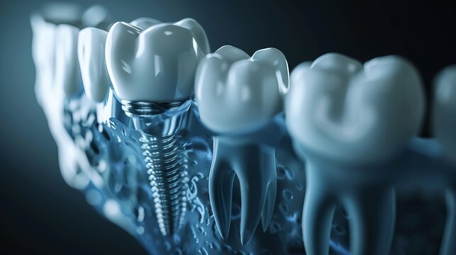 Detailed 3d illustration of the dental implantation process featuring tooth and screw design