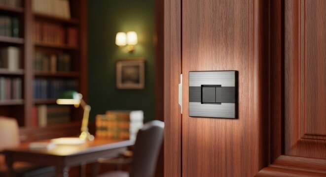 Modern Anodized Metal Light Switch Panel Mounted on Wood in a Luxurious Interior Setting