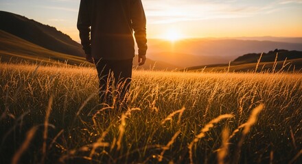 Fototapeta premium Person walking through a golden field at sunset with mountains in the background.
