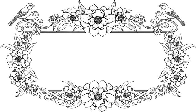 Elegant hand drawn vector floral frame featuring blooming flowers and two perched birds with scrolling vines in a detailed line art style isolated on a white background for certificate and 