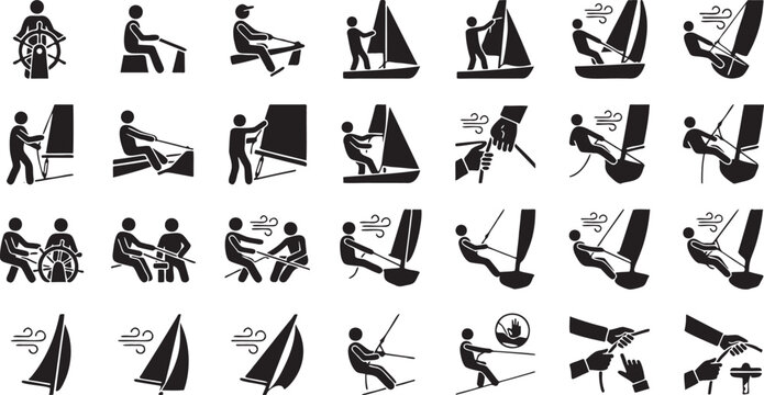 Sailing Boat Handling Icon Set &ndash; Sailor Control and Steering Silhouettes.