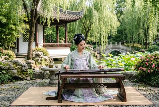 Beautiful young woman in Hanfu playing guqin in a classical Chinese garden