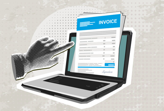Trendy Halftone Collage Online digital invoice on screen laptop with bills. Template for banner, poster, social media and ads. Vector illustration. Contemporary art. Vector