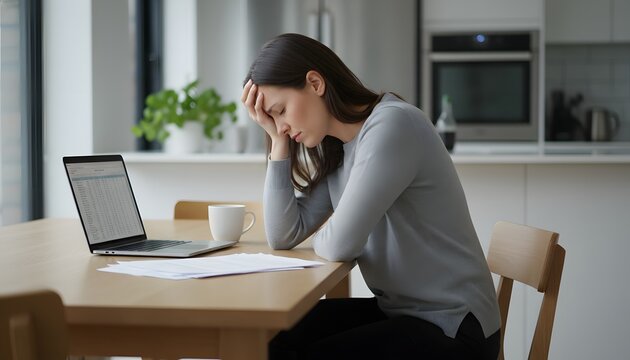 Frustrated woman at dining table feeling exhausted while working on a laptop with documents, representing remote work burnout and financial stress concept