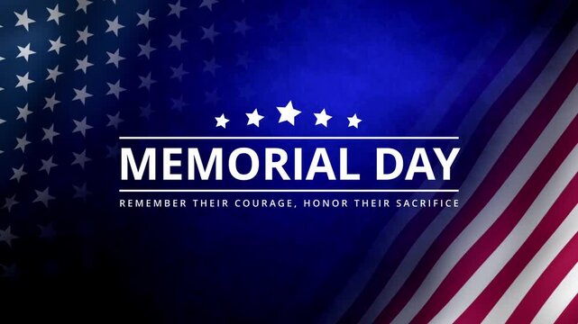Patriotic Memorial Day background featuring the United States flag with a bold tribute message Remember their courage, honor their sacrifice. Emotional and respectful animation. Memorial Day tribute.