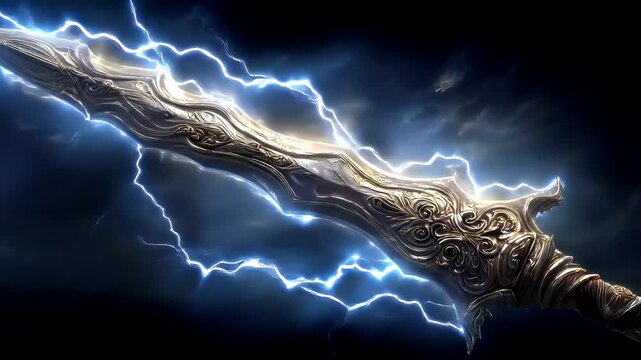 Fantasy wallpaper. A dramatic digital artwork depicts a long, ornate sword with intricate silver and gold designs. The sword is set against a dark.