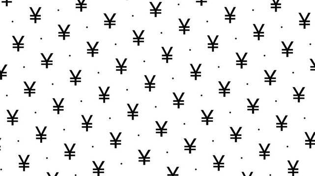 Animated Seamless Pattern Of Japanese Yen Currency Symbols And Dots With Vortex Animation On A White Background, 4K Seamless Loop, 16:9 Horizontal Video