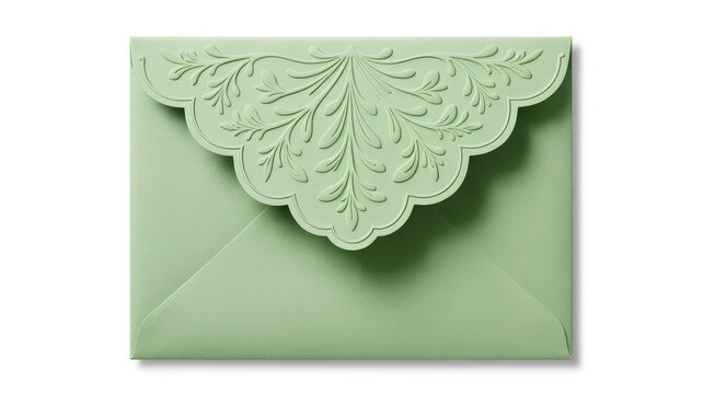 Light green envelope with embossed floral pattern on the flap isolated on white background