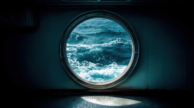 Circular porthole window on a ship reveals a churning deep blue ocean with powerful waves, offering a glimpse of the maritime voyage.