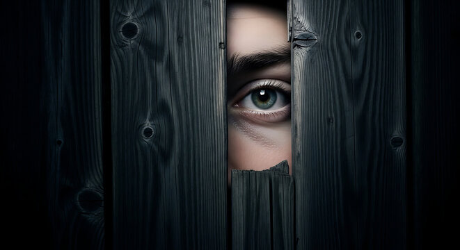 Intense hidden gaze peeking through dark wooden planks, creating a gripping sense of mystery and suspense
