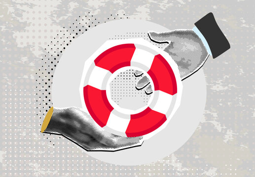 Trendy Halftone Collage hand of a man asks for help. Another person is stretching a lifeline and wants to help. Helping Business to survive.
