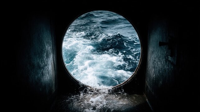 Circular porthole window on a ship's hull revealing turbulent ocean waves and spray during a voyage.