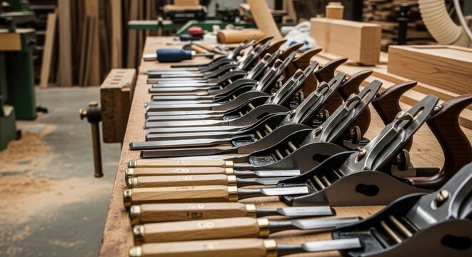 A meticulously organized collection of woodworking hand tools including planes and chisels on a wooden workbench in a workshop setting