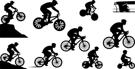 Naklejka premium Cycling Silhouette Bundle – BMX, Mountain Bike and Road Cyclist Vector Set