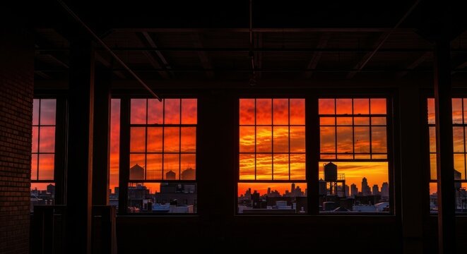 Dramatic Urban Sunset View Through Industrial Loft Windows Showcasing Fiery Sky Over City Skyline