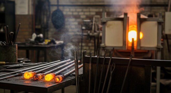Molten glass gathered on blowing pipes near a hot furnace in a traditional glassblowing workshop