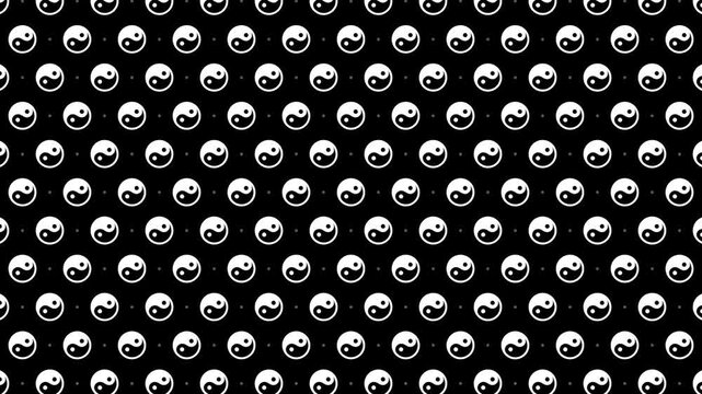 Animated Seamless Pattern Of Rotating Yin Yang Symbols Scrolling Up On A Black Background, 4K Seamless Loop, 16:9 Horizontal Video