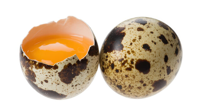 One whole quail egg and one cracked quail egg with visible yellow yolk on a white background