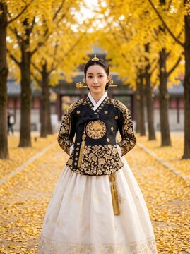 Beautiful young Korean woman wearing traditional black hanbok with gold embroidery standing on ginkgo leaf path near palace architecture in soft warm cinematic golden lighting

