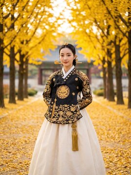 Beautiful young Korean woman wearing traditional black hanbok with gold embroidery standing on ginkgo leaf path near palace architecture in soft warm cinematic golden lighting

