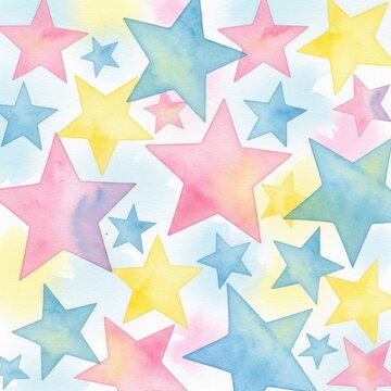 Watercolor pattern of pastel pink, blue, and yellow stars on white background