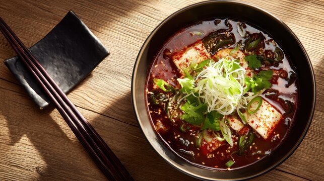 Delicious asian soup with tofu and vegetables on wooden table