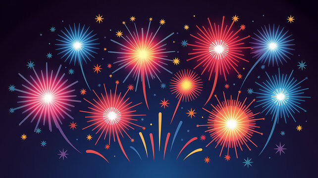 Colorful fireworks exploding on dark blue night sky celebration background.