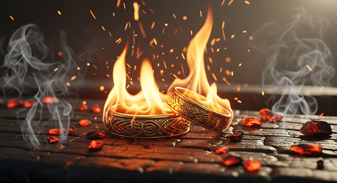 Fiery Wedding Rings Ablaze Symbolizing Passionate Love and Eternal Commitment