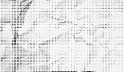 Fototapeta premium Halftone crumpled paper texture with black a dotted, rough, and wrinkled surface. Wite creased sheet background in comic pop-art style, featuring grainy folds and gritty distressed details.