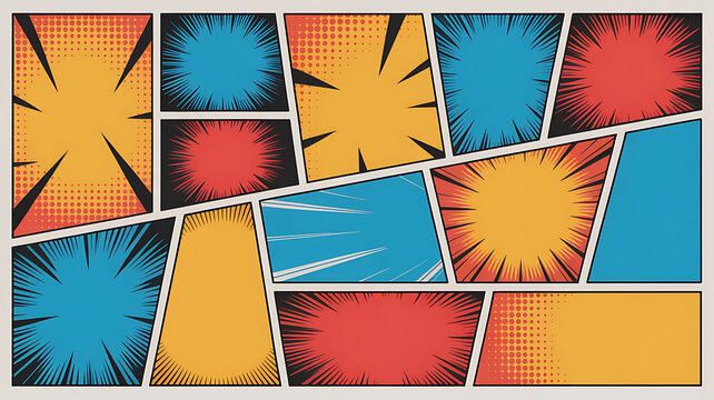 Comic book background template with various empty panels and dynamic action elements.