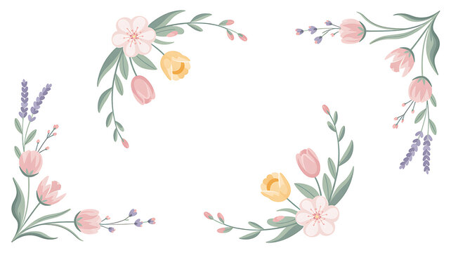 Gentle floral frame with pastel spring flowers and leaves for wedding invitations and greeting cards Isolated on transparent background.