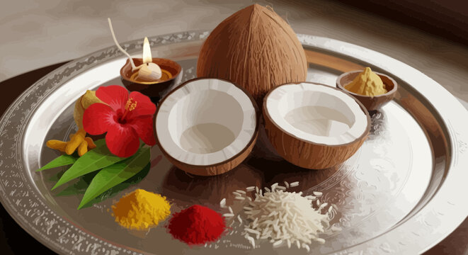 Traditional Indian Puja Thali Items Display.