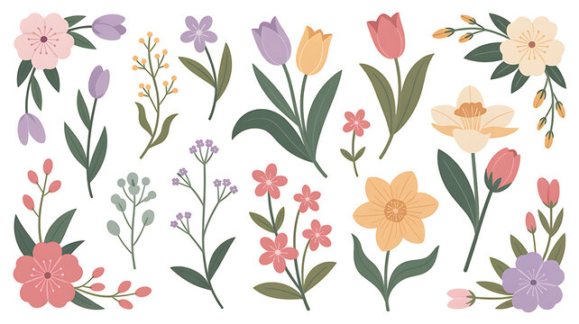 Floral collection of spring flowers and botanical leaves in pastel colors for decorative design work Isolated on transparent background.