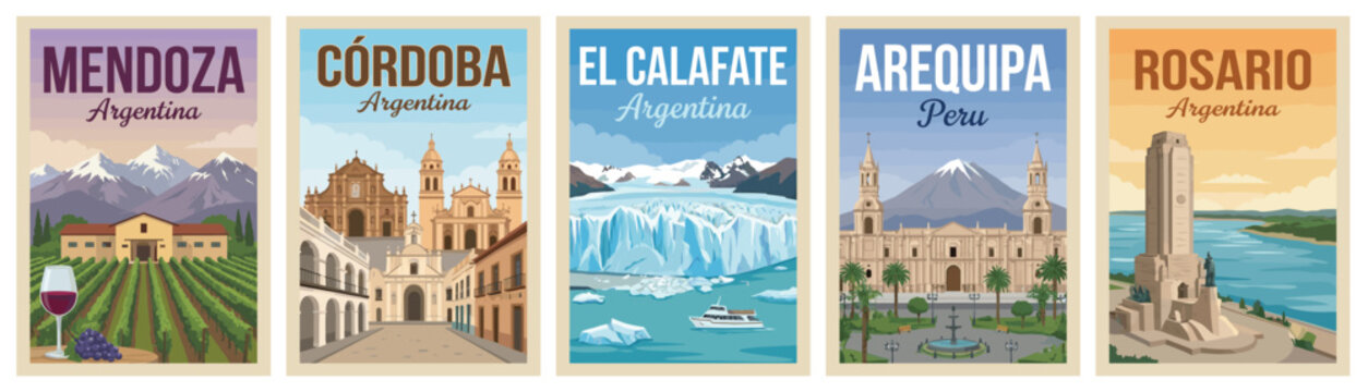 Majestic south america travel poster set. Including mendoza, cordoba, el calafate, arequipa, and rosario for iconic wall art prints. Retro vector illustration.