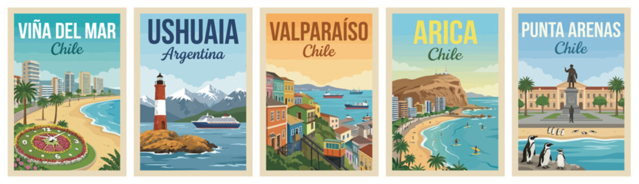 Majestic south america travel poster set. Including vina del mar, ushuaia, valparaiso, arica, and punta arenas for wall art prints. Retro vector illustration.
