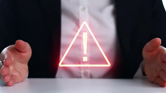 Person shows warning sign with hands in front at a desk in a business setting during daytime.