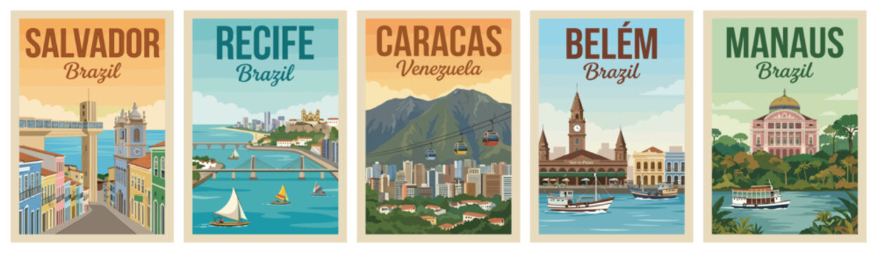Majestic south america travel poster set. Including salvador, recife, caracas, belem, and manaus for iconic wall art prints. Retro vector illustration.