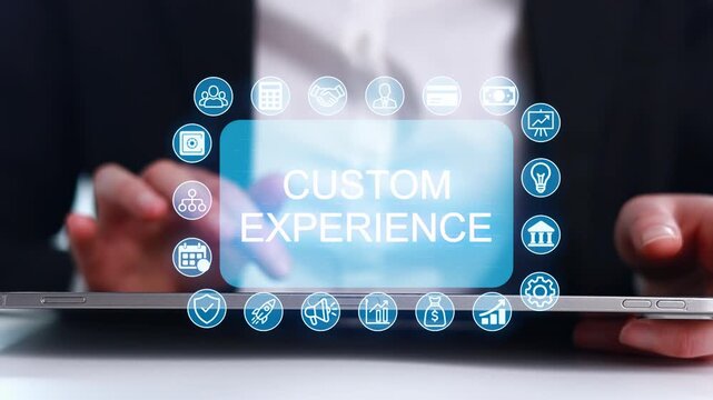 Displaying custom experience through digital icons and a tablet in a business setting.
