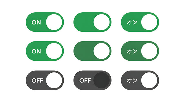 Set of toggle switches collection including on and off states with english and japanese text labels Isolated on transparent background.