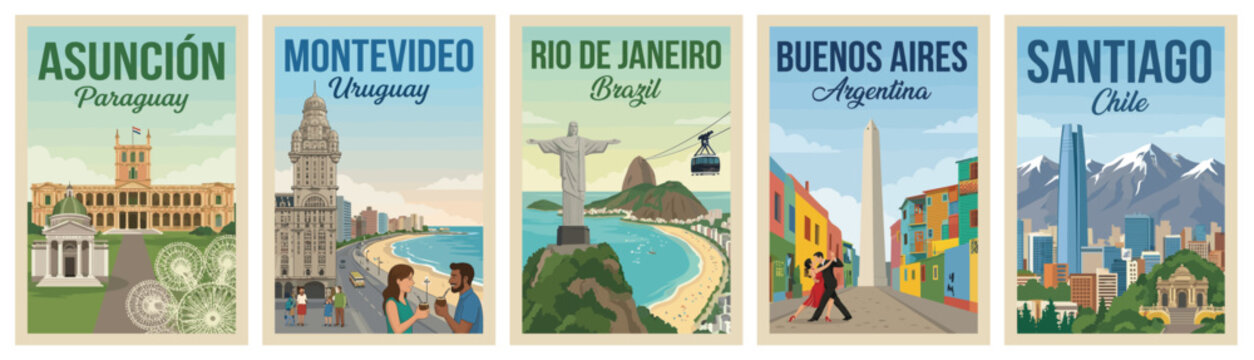 Majestic south america travel poster set. Including asuncion, montevideo, rio de janeiro, buenos aires, and santiago for iconic wall art prints. Retro vector illustration.